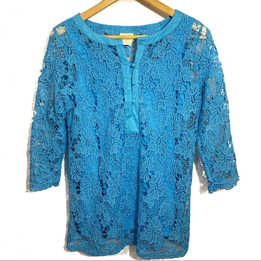 Bedford Fair Turquoise Blue Lace Shirt Size Small